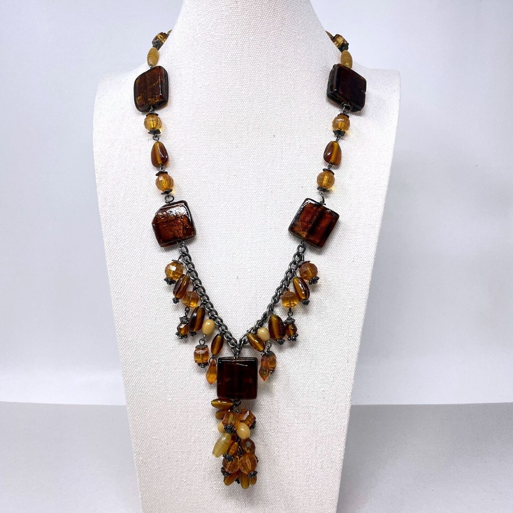 Amber Tone Chunky Statement Necklace Glass Block Beaded Tiered Drop Gunmetal